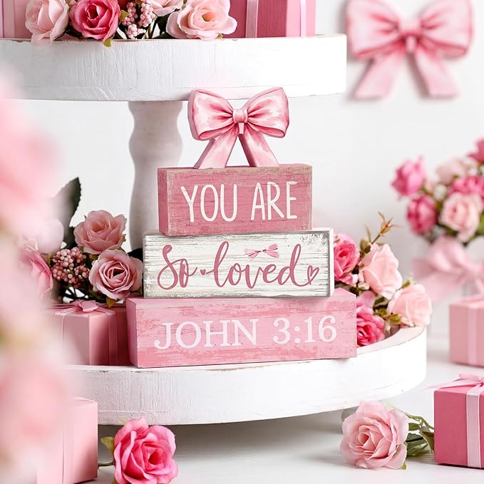 Lineshading 4 Pcs Christian Table Decor Pink Bow Wooden Block Signs Set "you Are So Loved John 3: 16” Christian Gifts for Women Coquette Aesthetic Bow Centerpieces for Home Office Shelf Decorations