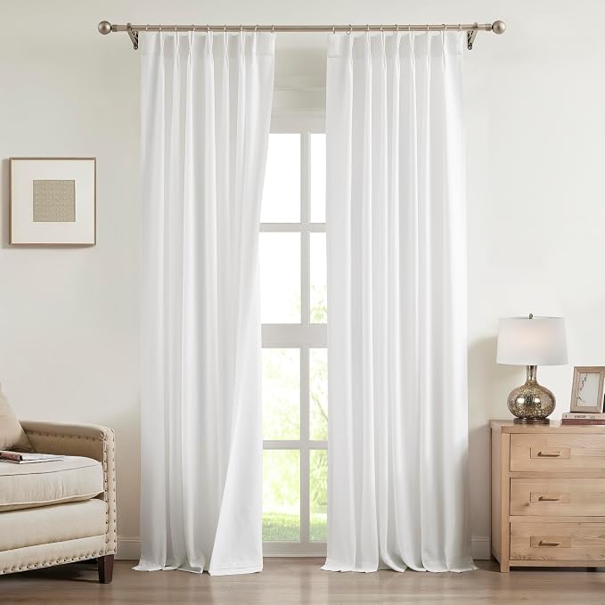 Central Park White Pinch Pleat Light Filtering Curtain 90 Inch Linen Blended Window Treatment Privacy Drape with Microfiber Liner for Living Room Bedroom with Back Tabs Hooks, 40" Wx90 L, 2 Panels