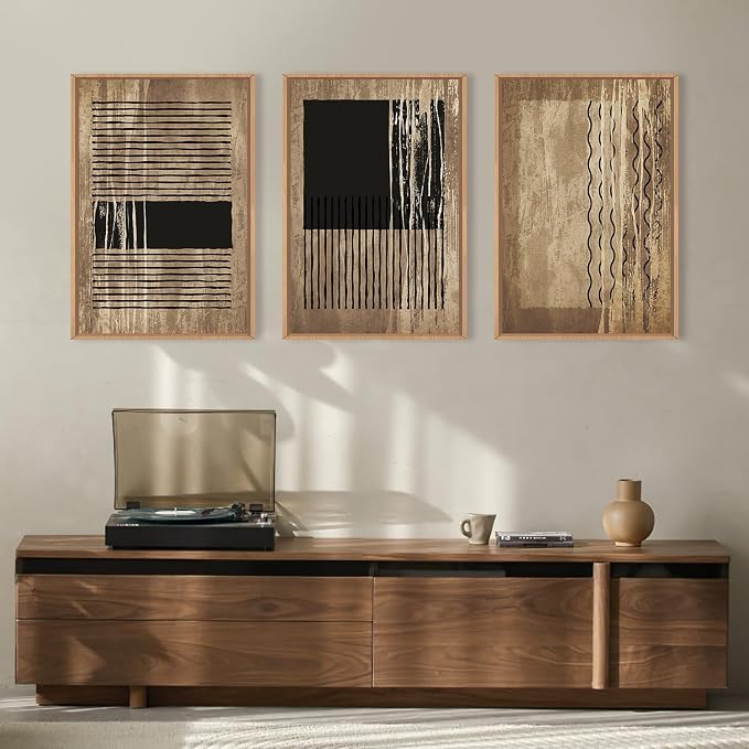 CHDITB Abstract Line Wall Decor, Vintage Black Brown Framed Canvas Wall Art, Mid Century Modern Art Print Home Decor, Boho Neutral Minimalist Painting For Living Room Bedroom Dining Room Office 16"x24