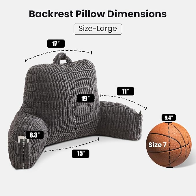 Large Reading Pillow for Sitting Up with Arms,Gray Corduroy | Back Pillow for Adults Backrest,19" Sitting Pillow Supports Reading,Gaming & Relaxing in Bed,Couch,Floor Corners