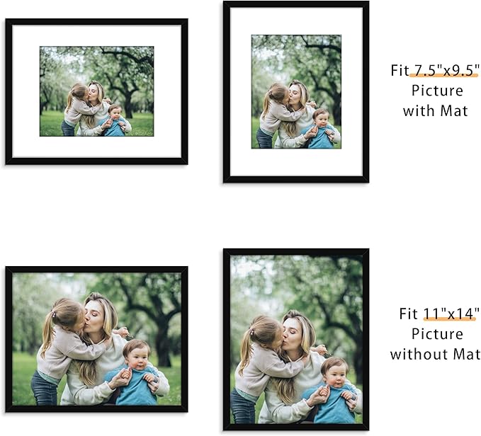 Picrit 11x14 Picture Frame Set of 12, Display 8x10 with Mat or 11x14 without Mat, Photo Frames for Wall Mounting or Table Top Display, Black