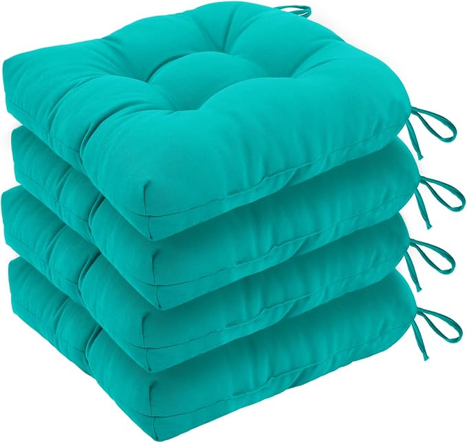 idee-home Outdoor Chair Cushions Set of 4, Patio Seat Cushions | Tufted Thick 19 x 19 x 5 Inch Cushions for Outdoor Furniture Waterproof with Ties, Dining Pads Dark Cerulean