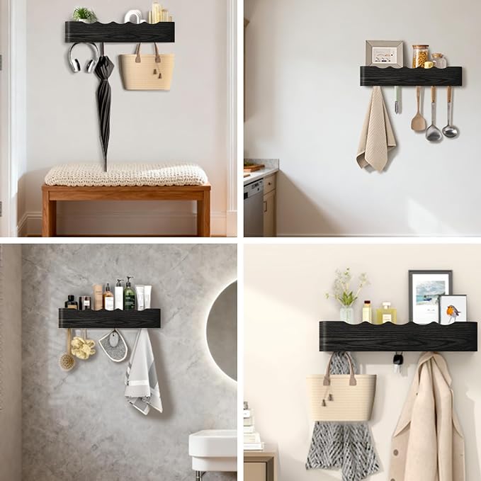 Wall Mounted Coat Rack with Shelf, Wooden Entryway Organizer with Hidden Metal Hooks for Hanging Coats Bags Keys, Modern Floating Shelf for Hallway Bathroom