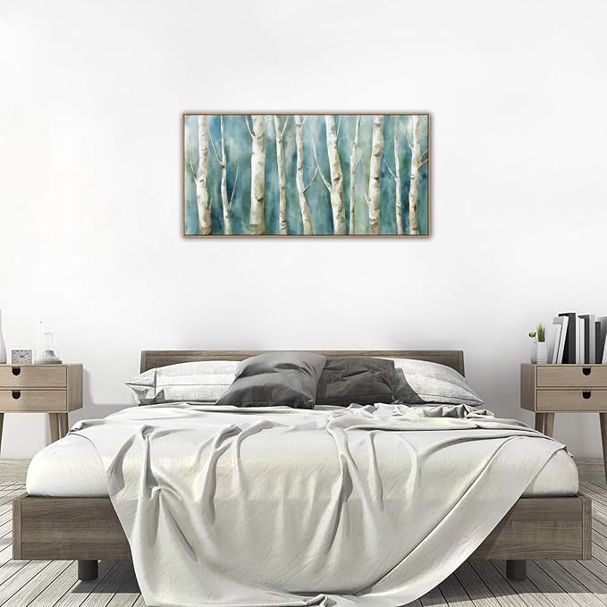 Framed Birch Canvas Wall Art - Abstract Birch Tree Pictures for Modern Turquoise Canvas Painting Nature Printing Artwork for Living Room Bedroom Home Office Wall Decoration 29" x 58