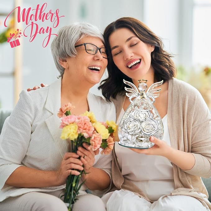 Beferr Mothers Day Mom Birthday Gifts for Women, Fresh Flowers for Delivery Forever Preserved Rose in Glass Angel Figurine, Anniversary Christian Real Rose for Grandma Nana Wife Mum from Daughter Son