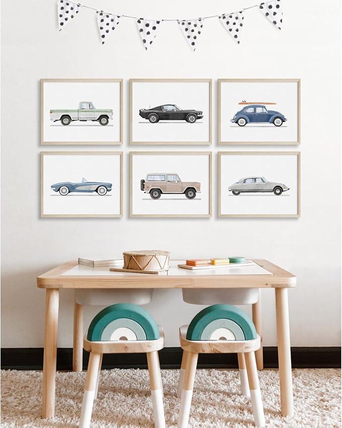 Blue Car Wall Art Decor Boys Room Wall Art Vintage Cars Canvas Poster Pictures Toddler Kids Room Prints Watercolor Vehicle Artwork Painting for Boys Bedroom Nursery 8x10 Inch Wood Framed Set of 6