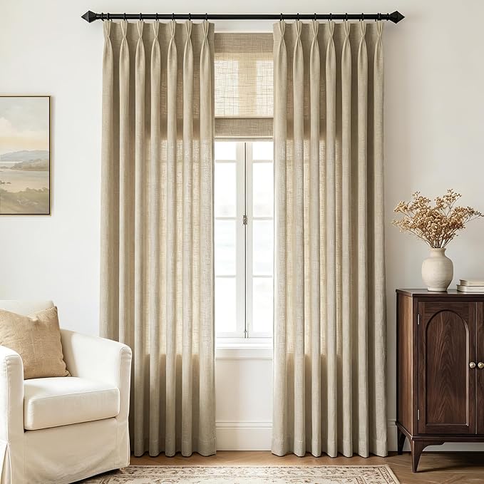 Oatmeal Linen Curtains 102 inch Long 2 Panels for Living Room Light Filtering Memory Trained Triple Pleated Curtains with Hooks Burlap Textured Neutral Country Rustic Drapes Ceiling Floor Length 102