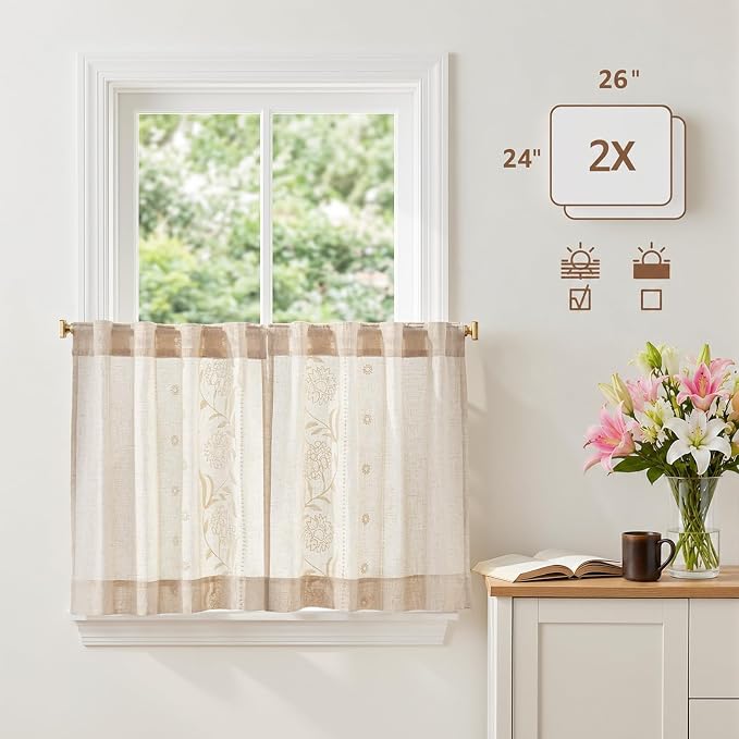 jinchan Winslow Linen Kitchen Curtains 24 Inch Length Small Window Curtains Embroidered Bordered Floral Drapes Light Filtering for Bathroom Laundry Room Farmhouse Decor White on Beige 2 Panels