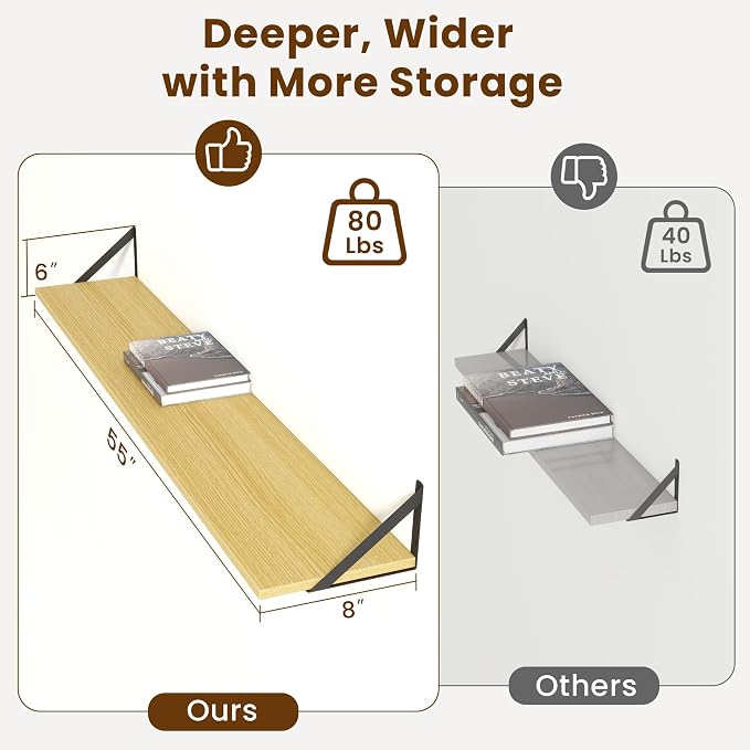 Acovy 55" Long Wall Mounted Floating Shelves,8 inch Deep Floating Shelf with Metal Brackets Set of 2,Easy-to-Install Wall Decor Storage Ledges for Living Room,Bathroom,Bedroom,Kitchen,Office,Oak
