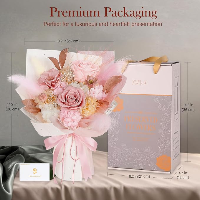 Preserved Bouquet of Flowers - Real Roses & Flowers for Delivery, Long-Lasting Dusty Pink Forever Camellia Flowers, Mothers Day Gifts for Mom Grandma Wife, Anniversary Birthday Gifts for Women