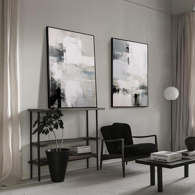 SAFERRYHOME Abstract Wall Art Modern Grey Black Framed Large Canvas Paintings for Living Room Bedroom Office Decor,Ready to Hang, 24x36 Inches, Set of 2