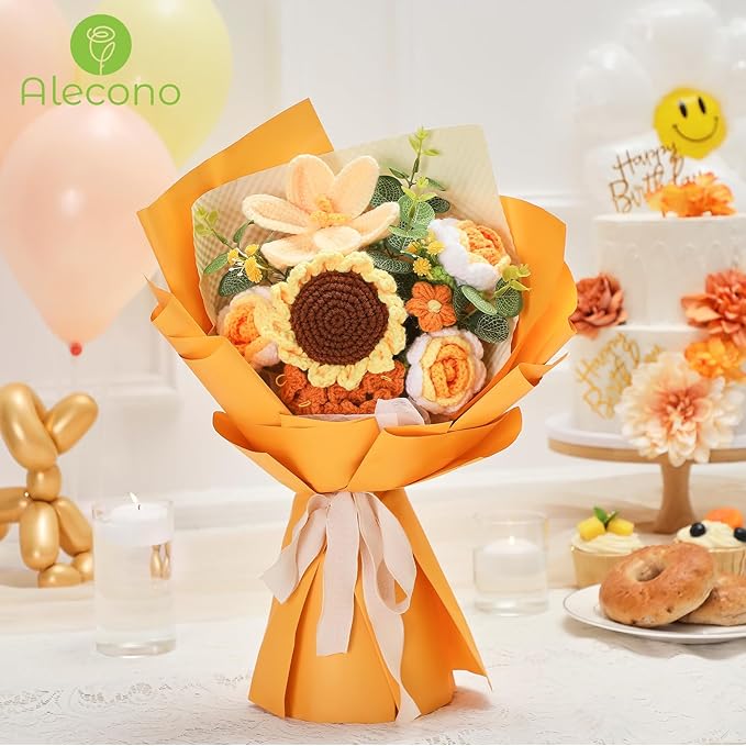 Alecono Crochet Flower Bouquet, Orange Knitted Flowers, Crochet Sunflower Flower for Lover Valentines Day Anniversary Birthday Party Mother's Day Graduation Gifts (Include Card)