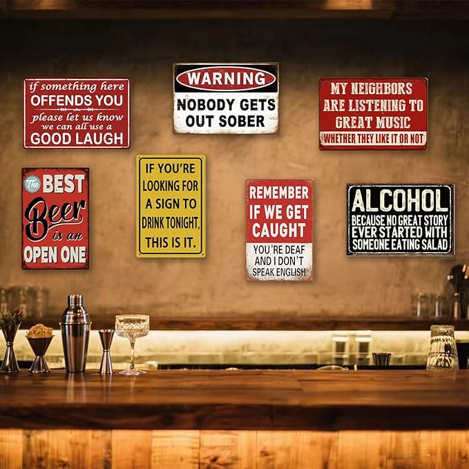 Funny Bar Signs for Home Bar Wall Decor - 7 Piece Set Vintage Garage Metal Signs, Man Cave Decor for Men, Personalized Basement Bar Accessories & Outdoor Decorations (8×12 Inch) - Housewarming Gifts