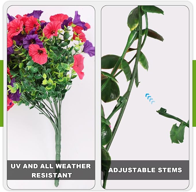 Fake Artificial Hanging Morning Glory Flowers for Outdoor Planters Porch Pation Decoration,2 Bundles UV Resistant Silk Faux Flowers with Realistic Eucalyptus Plants for Home Office Garden Decor