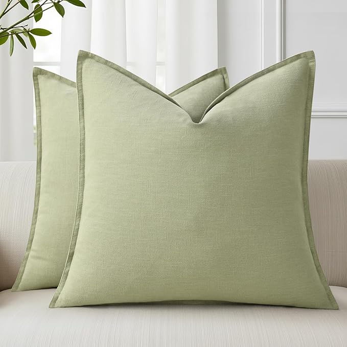 decorUhome Summer Decorative Linen Throw Pillow Covers 18x18 Inch Set of 2 Sage Green Pillow Covers with Flange Edges Soft Farmhouse Boho Accent Pillow Cases for Couch Bed Living Room