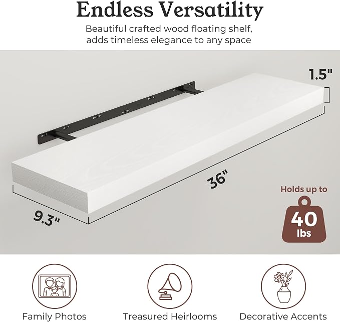 White Floating Shelves for Wall, 9.3" Deep Wall Mounted Wood Shelves for Bathroom, Bedroom, Living Room, Kitchen, Hanging Shelf for Books/Storage/Room Decor (White, 36")