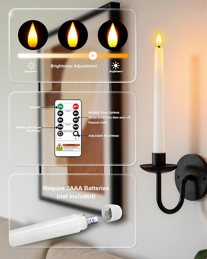 Homemory 24 Pcs Waxy Flameless Taper Candles with Remote, Led Flameless Candlesticks Classic Tall Candle, Flickering Battery Operated Taper Candles for Bedroom, Dining Room, White, 9.6 inches
