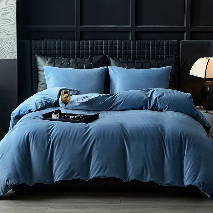WARMDERN Light Blue Flannel Velvet Duvet Cover King Size Duvet Cover Bedding Sets, 3pcs Ultra Soft Luxury Textured Modern Crystal Velvet Duvet Covers with Zipper Closure(Light Blue, King)