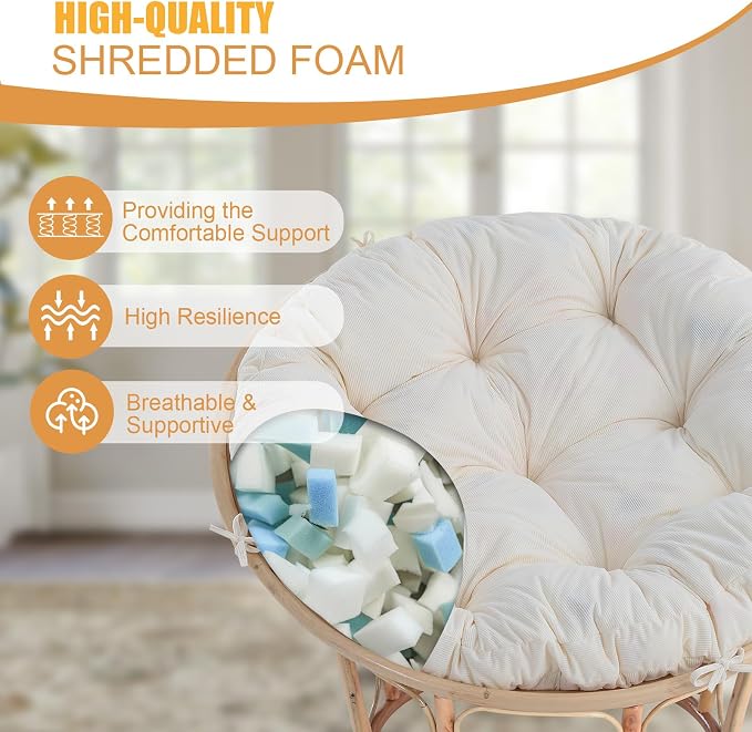 idee-home Papasan Chair Cushion, Circle Papasan Chair Cushion(Cushion Only) | Papasan Cushion with Thick Corduroy Cover, 48 x 48 Inch Cushion for Egg Chair, Beige