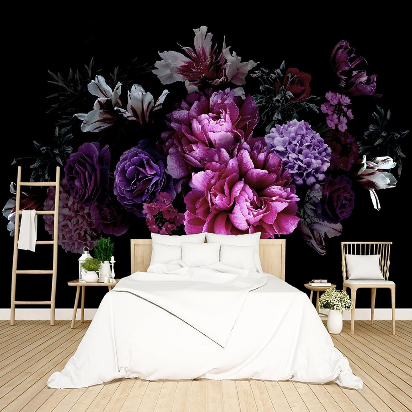 Black Peony Floral Wallpaper Peel and Stick Wall Mural for Bedroom Living Room - 96"x137"
