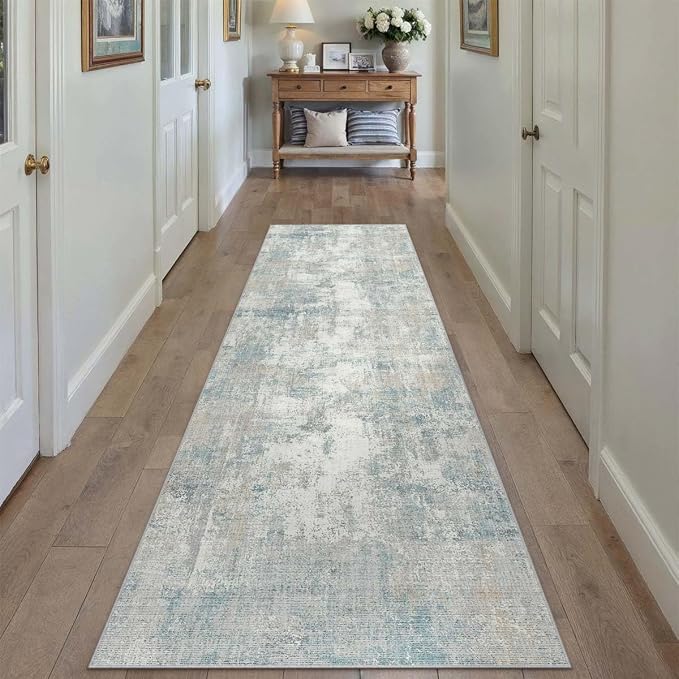 2x8 Washable Runner Rug Blue Cream Abstract Non Slip Soft Low Pile Hallway Kitchen Rug Neutral Modern Carpet for Laundry Bathroom Bedroom Living Room Home Decor