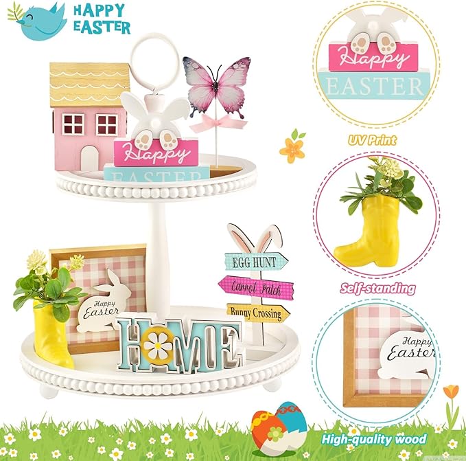 Spring Easter Decorations 8 Pieces Tiered Tray Decor Set, Cute Tabletop Easter Spring Décor for Home Shelf Mantel Office Table Coffee Bar Indoor Holiday Decoration Ornament Tray Objects
