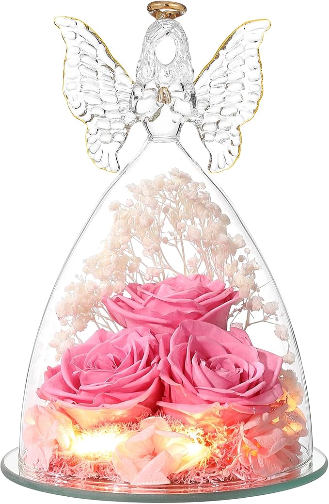 Mothers Day Rose Gifts for Women Preserved Real Flower in Glass Angel Figurines Roses for Delivery Prime Birthday Gifts for Mom Grandma Girlfriend Wife Her, Sweet Pink