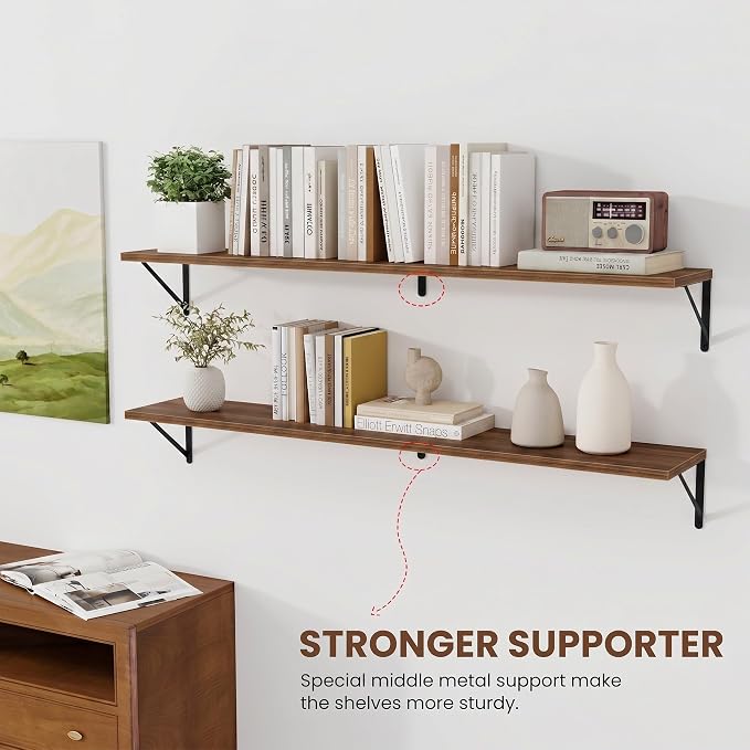 Vivelove 8 Inch Deep Floating Shelves for Wall, 48W x 8D Wood Wall Shelves Set of 2, Walnut Wide Floating Bookshelf for Living Room, Kitchen, Office, Bedroom, with Black Metal Bracke - Walnut