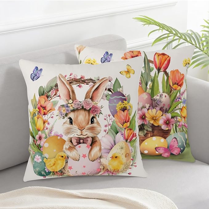 Easter Bunny Pillow Covers Lovely Rabbit with Tulip Flower Throw Pillow Covers 18x18 Set of 2 Colorful Eggs Pillow Cases Spring Floral Wreath Cushion Cases for Home Farmhouse