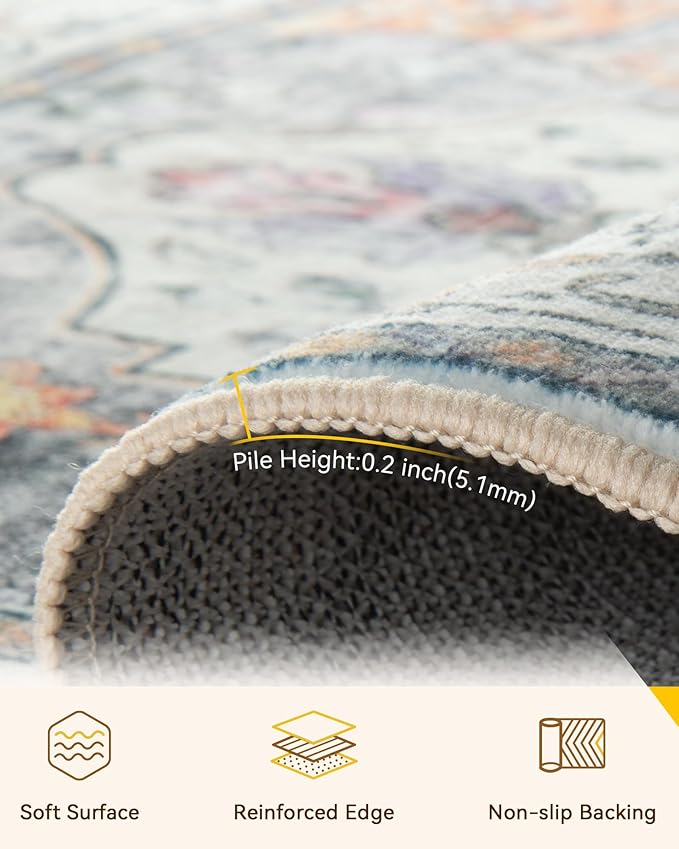 RELEANY Area Rugs 2'x3' Washable Non-Slip, Floral Vintage Distress Print Pattern Medallion Carpet for Living Room Bedroom Dining Room, Light Yellow Carbon Grey Orange