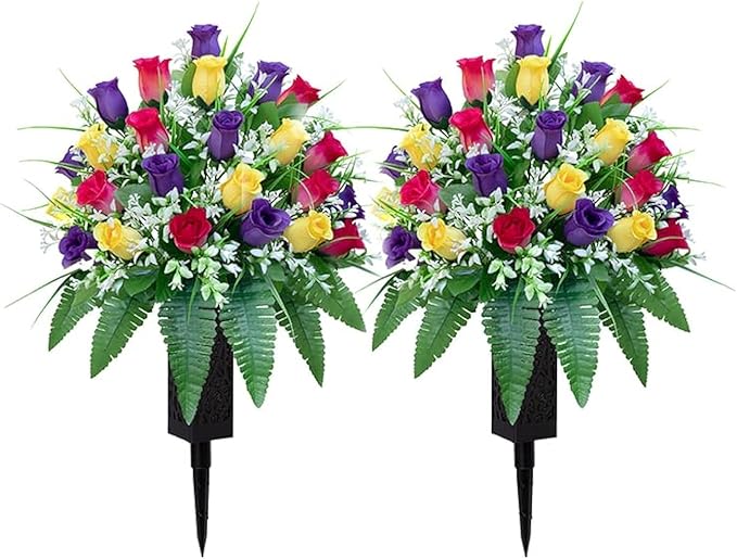 LVXINLI Artificial Cemetery Flowers, Gravesite Decoration Roses, Memorial Bouquets with Cemetery Vase, Vibrant and Long-Lasting Colors (Yellow+Purple+Brilliant Red, 2 Bundles)