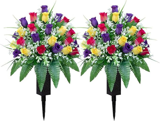 LVXINLI Artificial Cemetery Flowers, Gravesite Decoration Roses, Memorial Bouquets with Cemetery Vase, Vibrant and Long-Lasting Colors (Yellow+Purple+Brilliant Red, 2 Bundles)