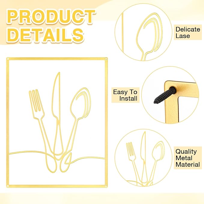 Otoolling 3 Pieces Metal Minimalist Line Kitchen Signs Wall Decor Drawing Rustic Kitchen Wall Art for Dining Living Room Home, 14 x 11 Inches(Dining Room,Gold)