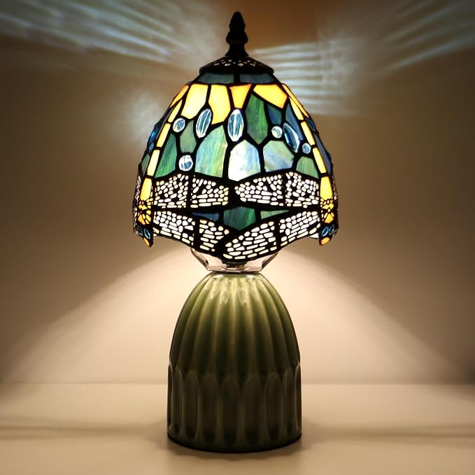 Tiffany Stained Glass Mushroom Table Lamp 12.5 Inch -Yellow Dragonfly | Tiffany Lamp,6X6X12.5 Inch,Small Night Light,Ceramic Base, Mini Accent Light Suitable,Bedside,Bedroom, Children Room,Antique