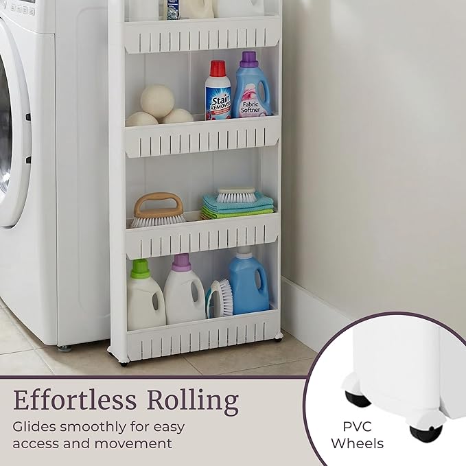 Slim Rolling Storage Cart - 5-Tier Utility Cart with Wheels for Bathroom, Kitchen, and Laundry Room - Bathroom Shelves by Lavish Home (White)