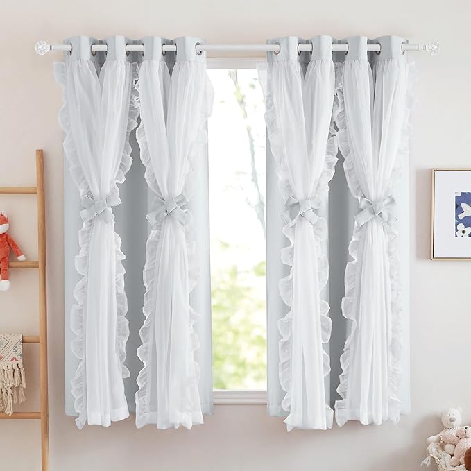 PONY DANCE Shabby Chic Curtains for Bedroom Double Layer Ruffle Sheer Overlay with Tiebacks French Country Drapes for Room Decor, 52" W x 63" L, Greyish White, 2 Pieces