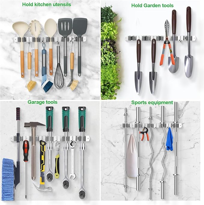 voze 5 Racks and 4 Hooks Mop and Broom Holder Wall Mount, Self Adhesive Heavy Duty Broom Hanger Organizer Storage Tool Racks for Kitchen Garden Laundry Garage