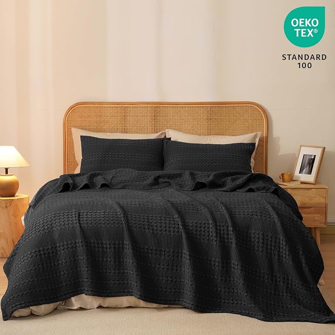 PHF 100% Cotton Waffle Blanket Queen Size for Bed, Lightweight Breathable and Soft for Summer, Luxury Aesthetic Waffle Weave Blanket for Home Decor & Gifts for Women, 90"x90", Black