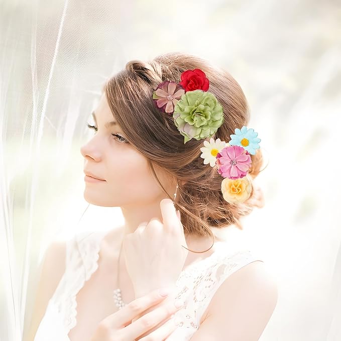210 Pcs Mini Silk Flower Heads Small Fake Rose Daisy Faux Flowers Bulk for Crafts Artificial 3D Loose Fabric Flowers Heads Sunflower Bulk for Wedding Hair Cap Dresses Decorations (Bright Colors Mixed)