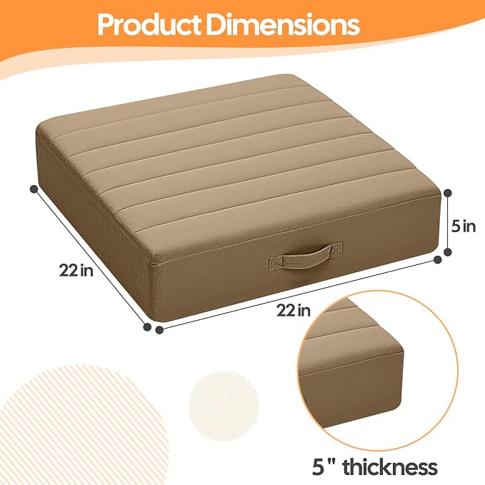 MeMoreCool Square Floor Pillow Seating for Adults Kids, Large Meditation Cushion Floor Pillow with Thick Foam & Soft Tufted Cover, Washable Big Pillow Seat Floor Cushion for Sitting Yoga 22" Coffee