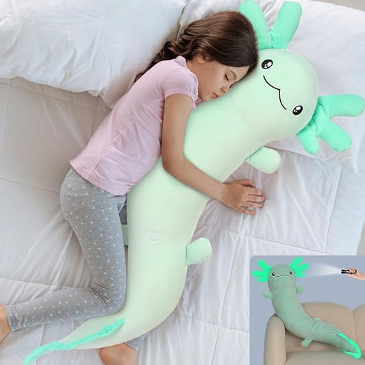 MaoGoLan Giant Axolotl Plush Stuffed Animal,Big Axolotl Plush Pillow Toy for Kids Girl Boy,Jumbo Stuffed Salamander Body Pillow Toy Glow in The Dark, Birthday Easter Gift Baby Shower Party Decor Green