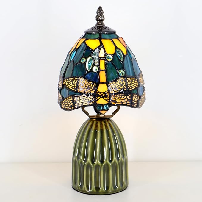 Tiffany Stained Glass Mushroom Table Lamp 12.5 Inch -Yellow Dragonfly | Tiffany Lamp,6X6X12.5 Inch,Small Night Light,Ceramic Base, Mini Accent Light Suitable,Bedside,Bedroom, Children Room,Antique