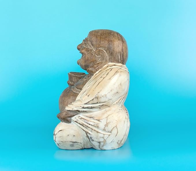 G6 Collection 8" Wooden Whitewashed Laughing Happy Buddha Statue Hand Carved Smiling Sitting Sculpture Handmade Figurine Decoration Home Decor Accent Handcrafted Art Happy Buddha (White Washed)