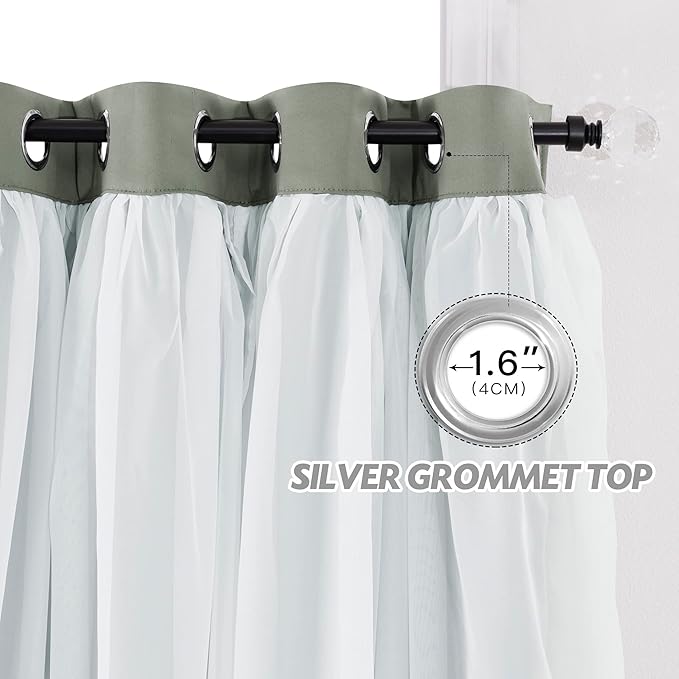 PONY DANCE Blackout Curtains for Whimsical Forest Teen Room, Double Layer Drapes Ruffle Sheer Overlay Farmhouse Rustic Design, W 52 x L 84 Inches, Sage Green, 2 Panels