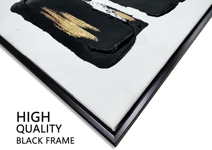 Sofoney - Black Framed Black and White Abstract Wall Art with Gold Foil Hand Painted Black and Gold Brushstrokes Oil Painting Heavy Textured Canvas Wall Decor for Living Room Bedroom Bathroom- 18"x24"