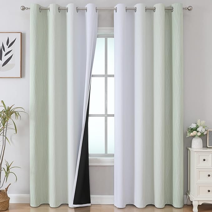 Estelar Textiler Sage Green and Greyish White Gradient Blackout Curtains for Bedroom, Thermal Insulated Ombre Blackout Drapes, Light Blocking Energy Saving Curtains for Living Room,52Wx96L,2 Panels
