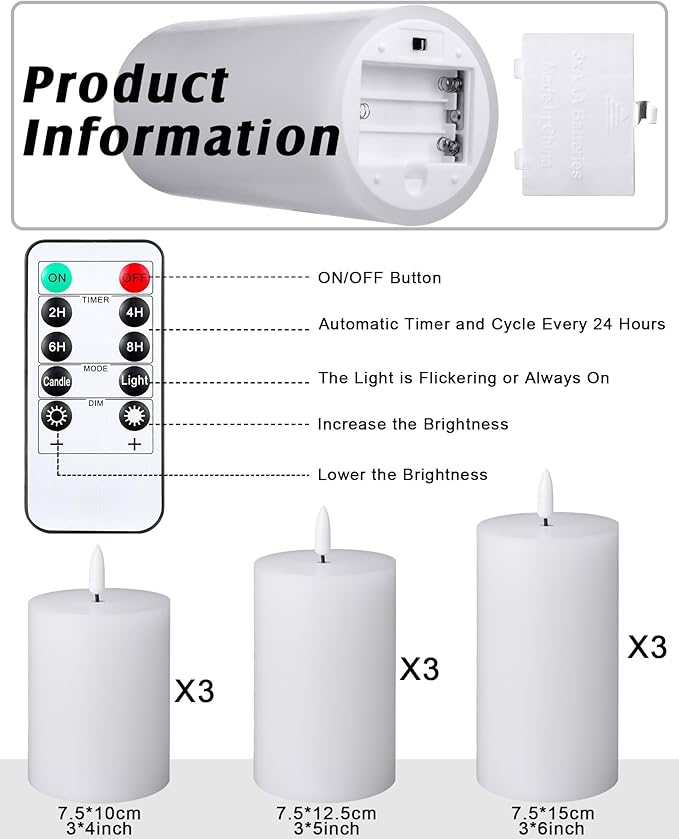 VIHOSE 9 Pack White Flameless Candles Set with Remote and Timer Flickering Flameless Battery Candles Flat Top LED Pillar for Wedding Outdoor Home Festival Decoration(D 3'' H 4'' 5'' 6'')