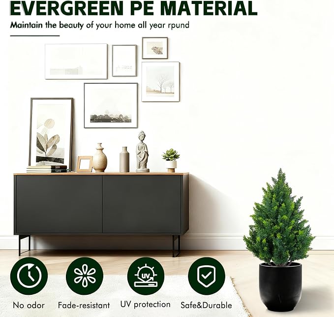 2Ft Artificial Cedar Topiary Trees (1-Pack) - UV Resistant Fake Shrubs with Ground Spike for Outdoor & Indoor Use, Front Porch, Garden Decor