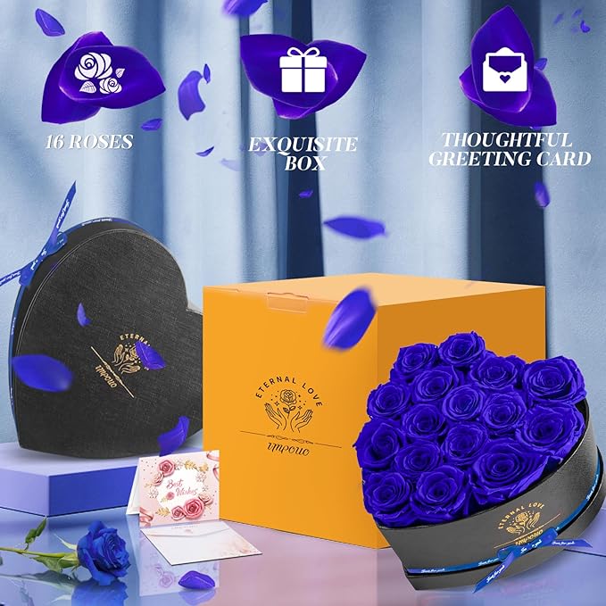 Impouo 16 Preserved Flower Delivery Prime, Preserved Roses in a Box, Birthday Gifts for Women, Mother's Day, and Valentine's Day-Blue Roses