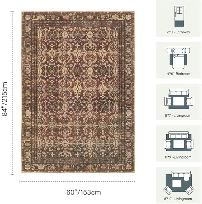 Rugxara Oriental 5x7 Area Rugs for Living Room Bedroom, Vintage Washable Christmas Rug, Red Boho Area Rug, Non Slip & Low Pile Faux Wool Carpet for Indoor Dining Room and Kids Room(Red 5x7ft)